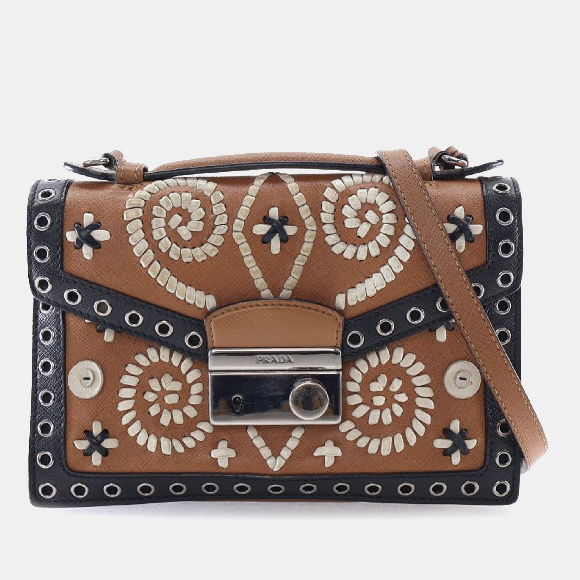 

Prada Brown Saffiano Embroidered Pattina Satchel