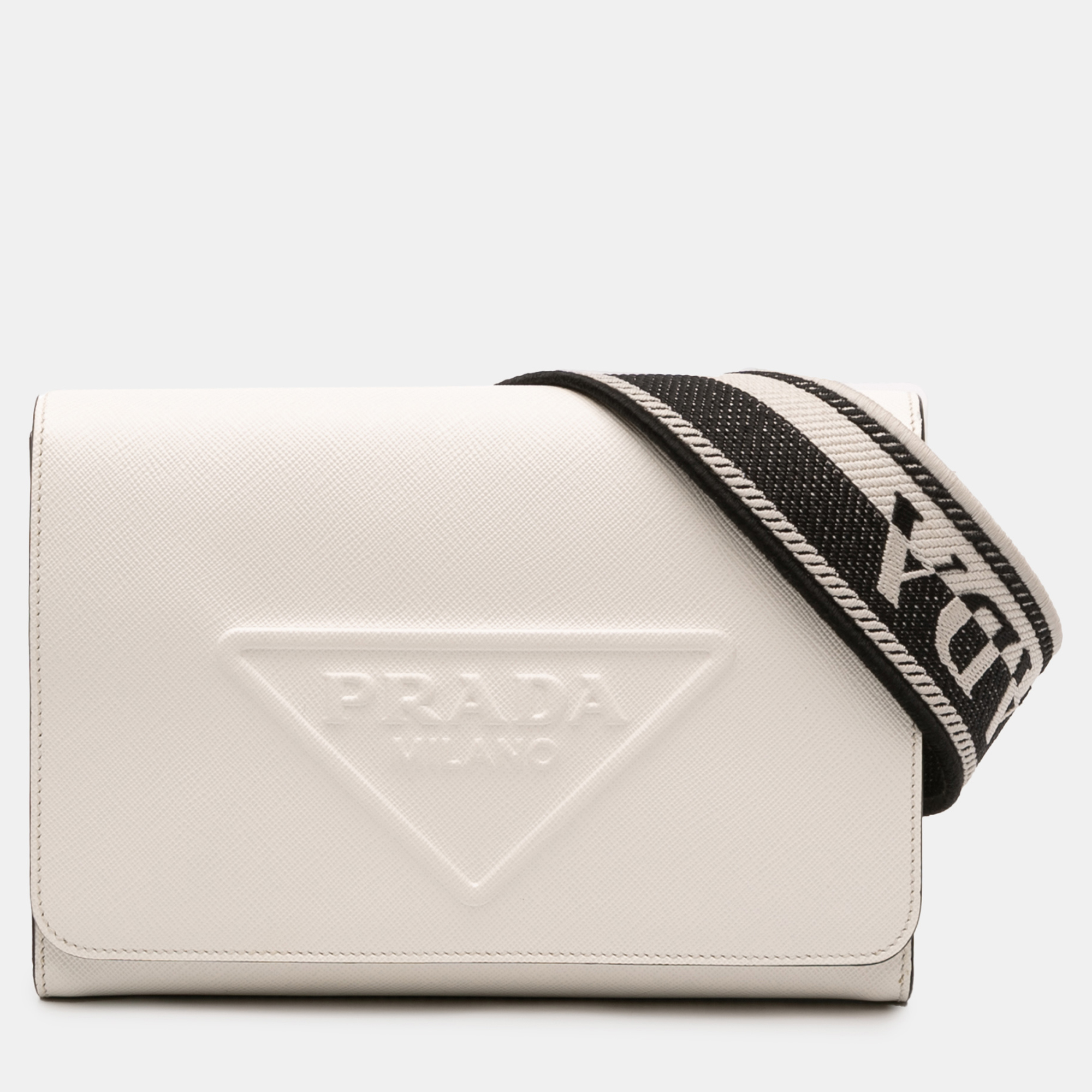 

Prada White Saffiano Triangle Embossed Logo Flap Crossbody