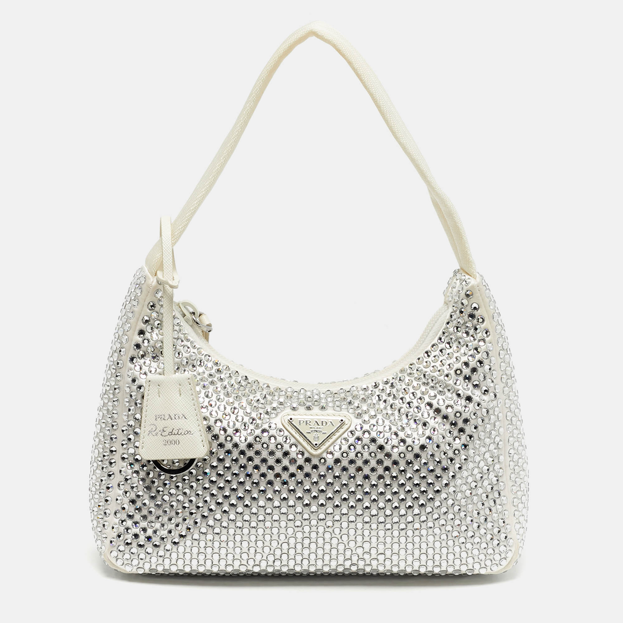 

Prada Re-Edition 2000 Crystals Off White Satin Shoulder Bag