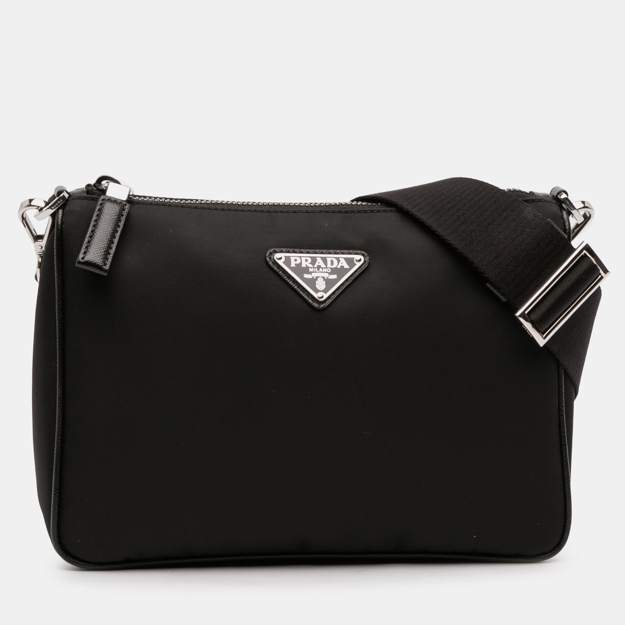 

Prada Black Saffiano Trimmed Re Nylon Zip Top Crossbody