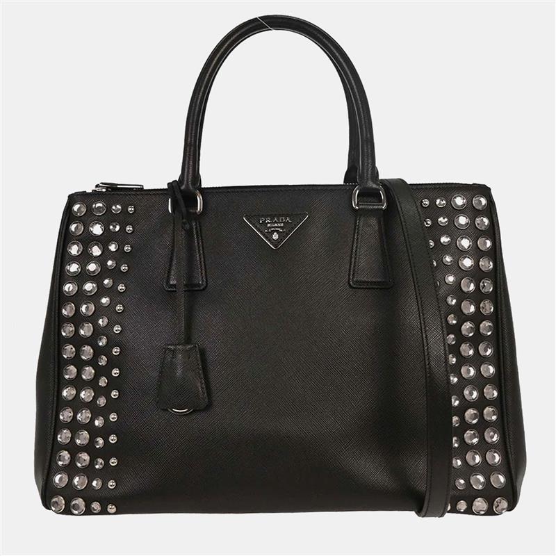 

Prada Black Leather Galleria Double Zip Tote Studded 2Way Handbag