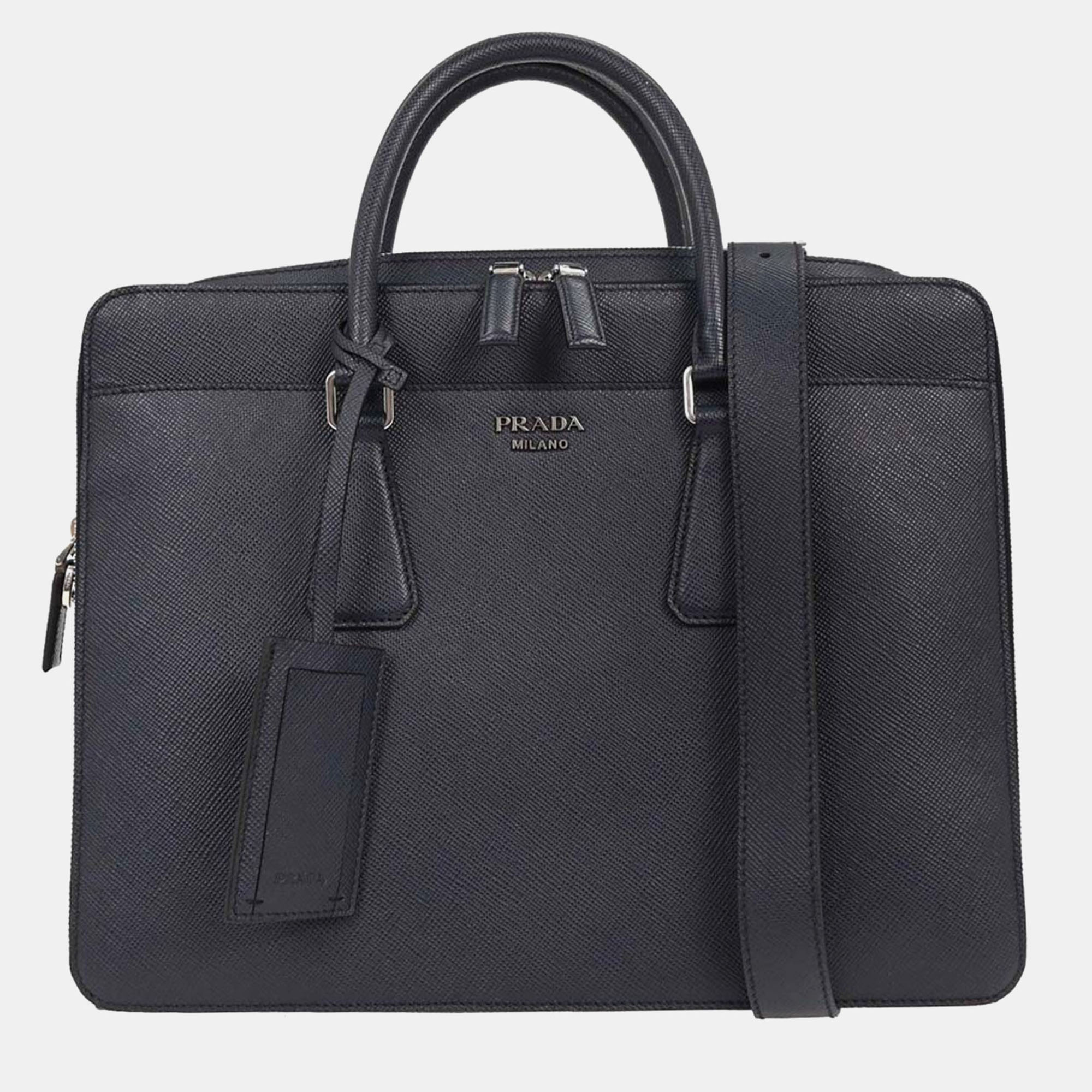 

Prada Navy Leather 2Way Briefcase Handbag, Navy blue