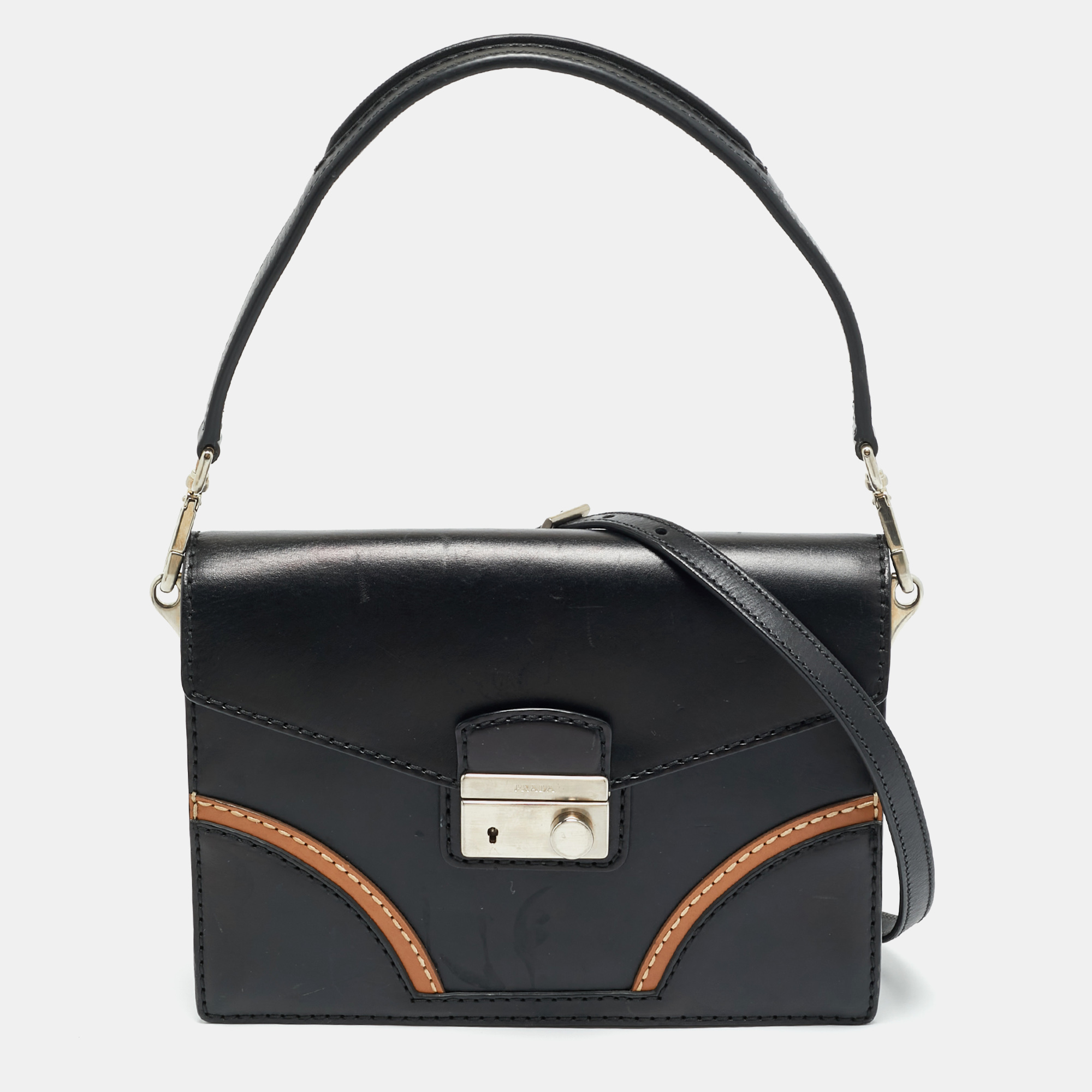 

Prada Sound Stitch Black/Brown Vitello Leather Shoulder Bag