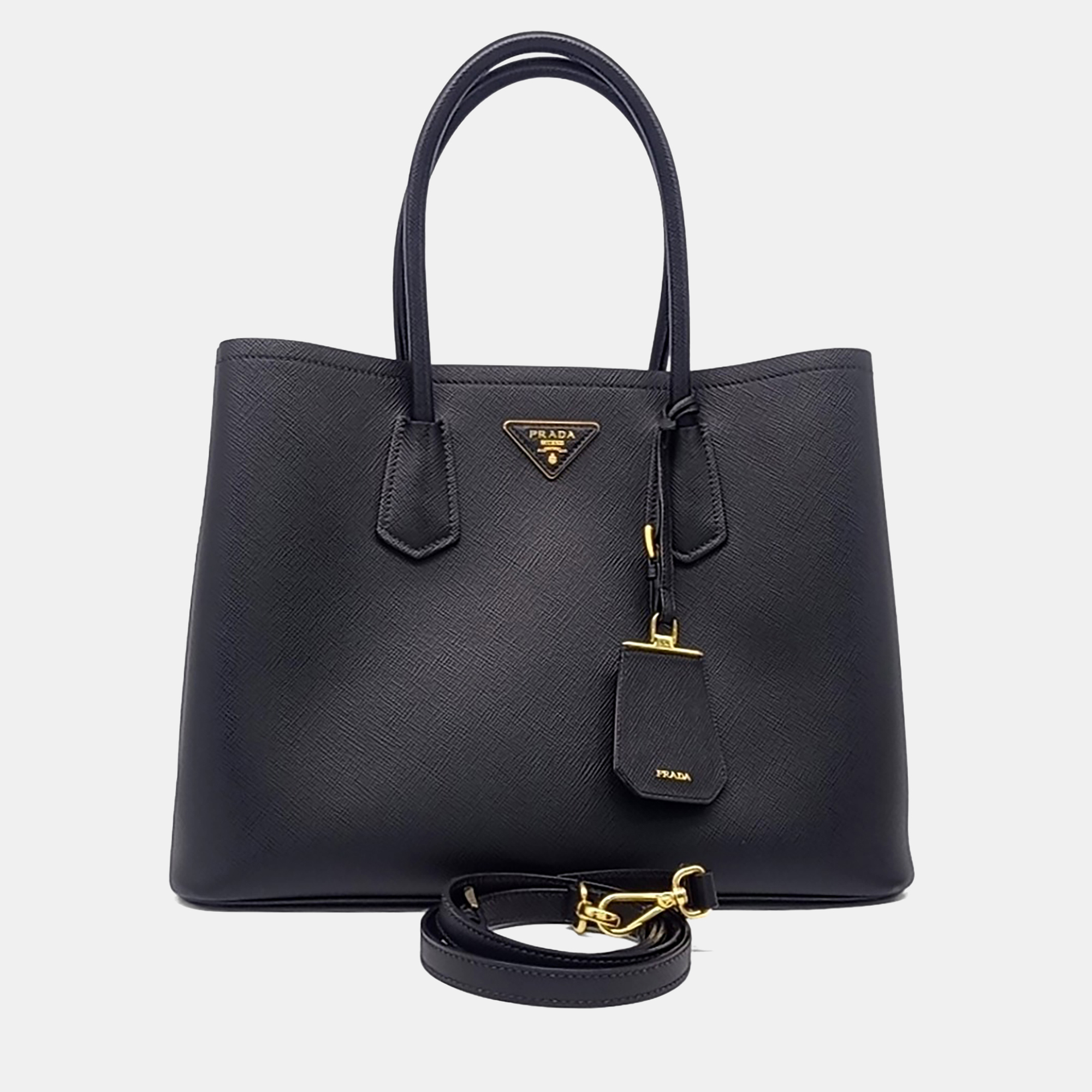 

Prada Black Leather Saffiano Double Tote And Shoulder Bag