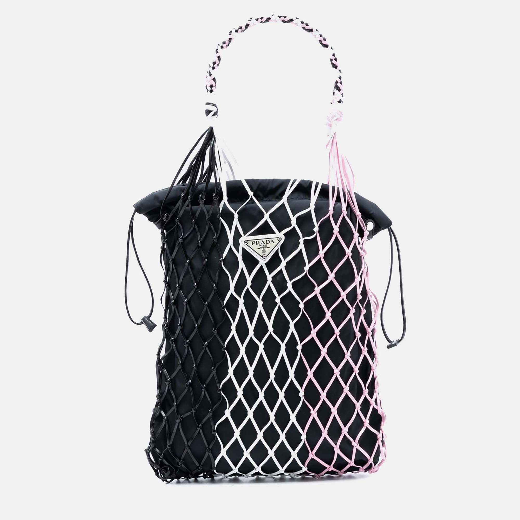 

Prada Black Tessuto and Tricolor Rete Drawstring Tote