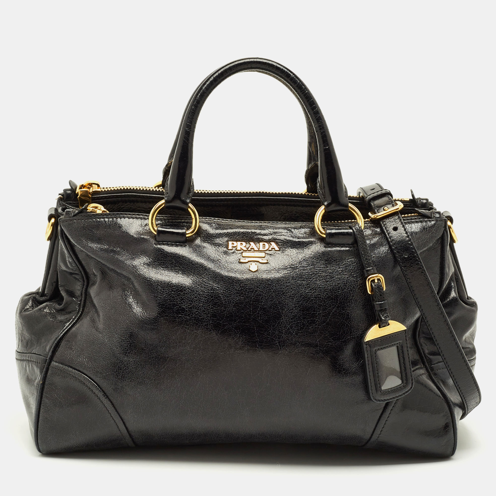 

Prada Double Zip Black Vitello Shine Leather Satchel