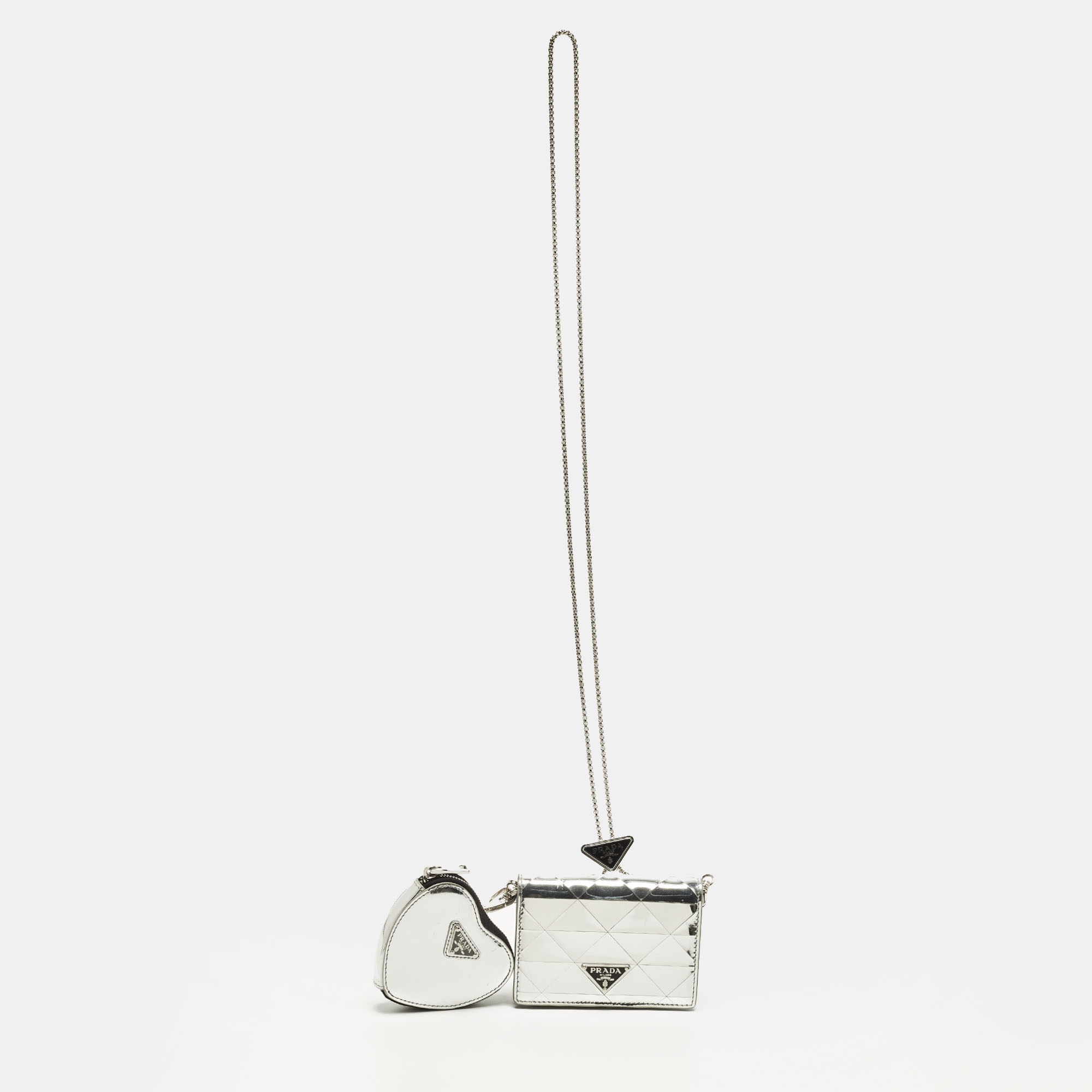 

Prada Silver Triangle Embossed Leather Wallet On Chain
