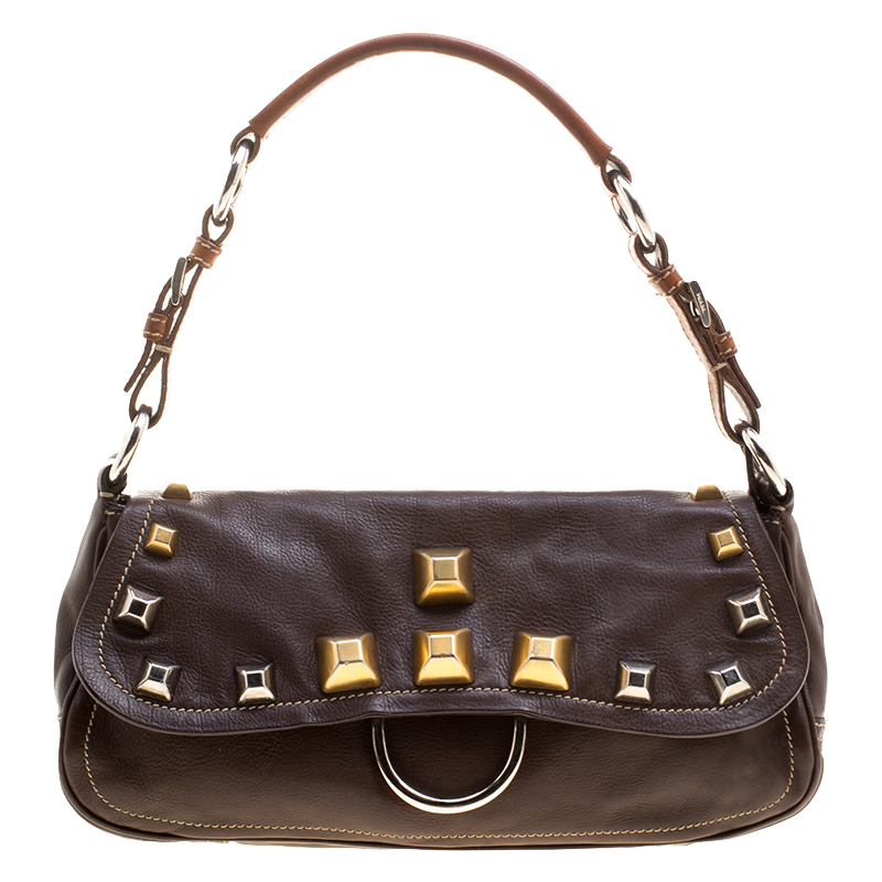 Pre Owned Prada Brown Leather Studded Shoulder Bag