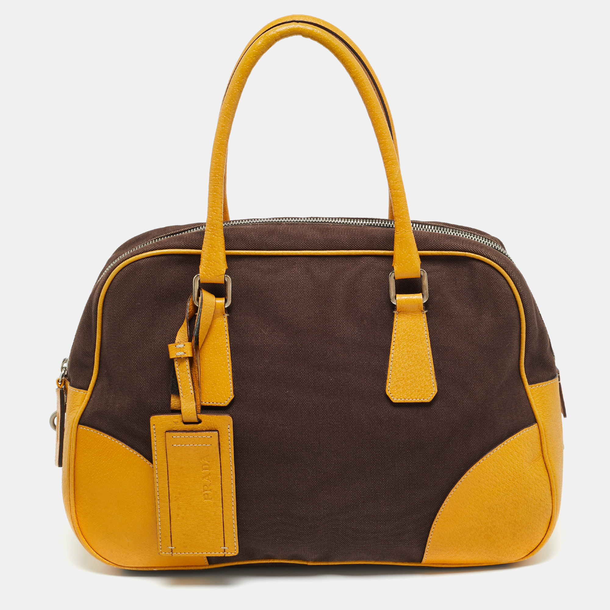 

Prada Dark Brown/Yellow Canvas and Leather Bowler Bag