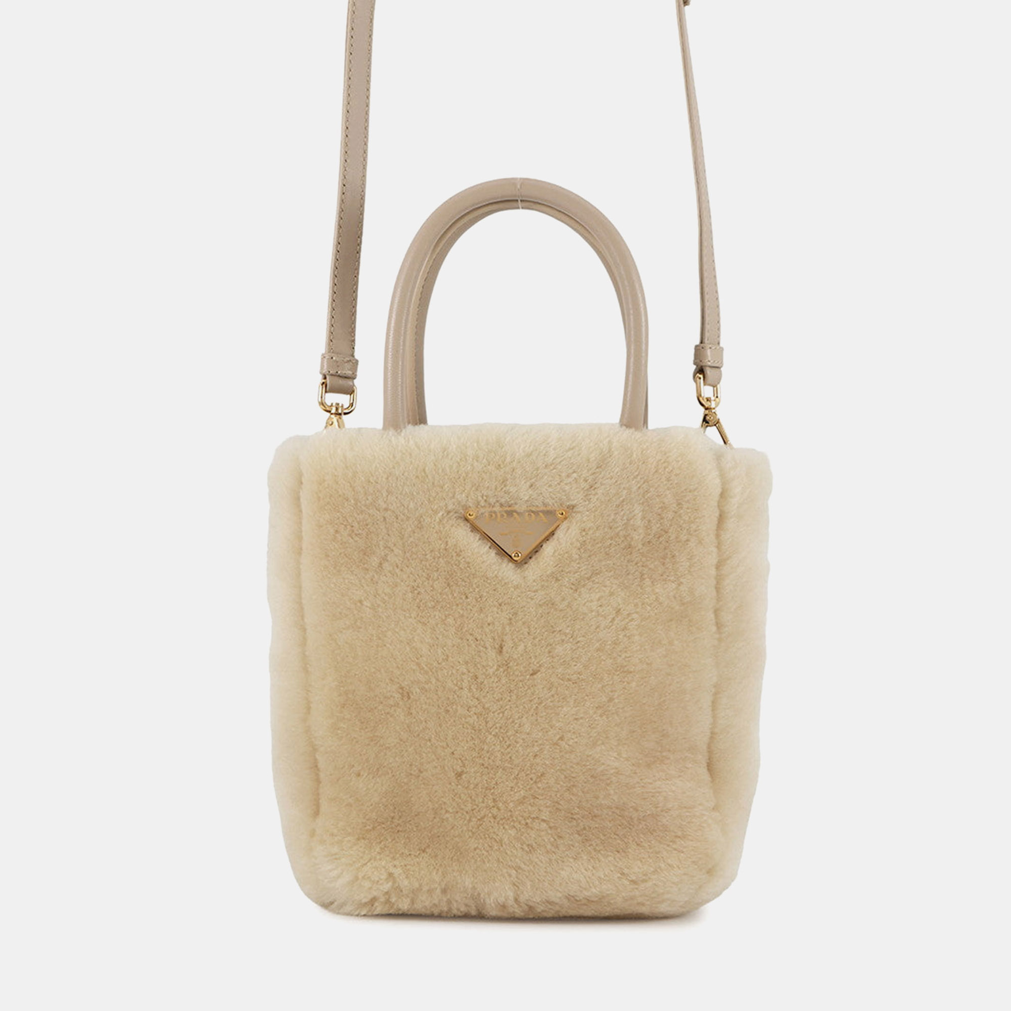 

Prada 2Way Handbag Beige Sheepfur Leather
