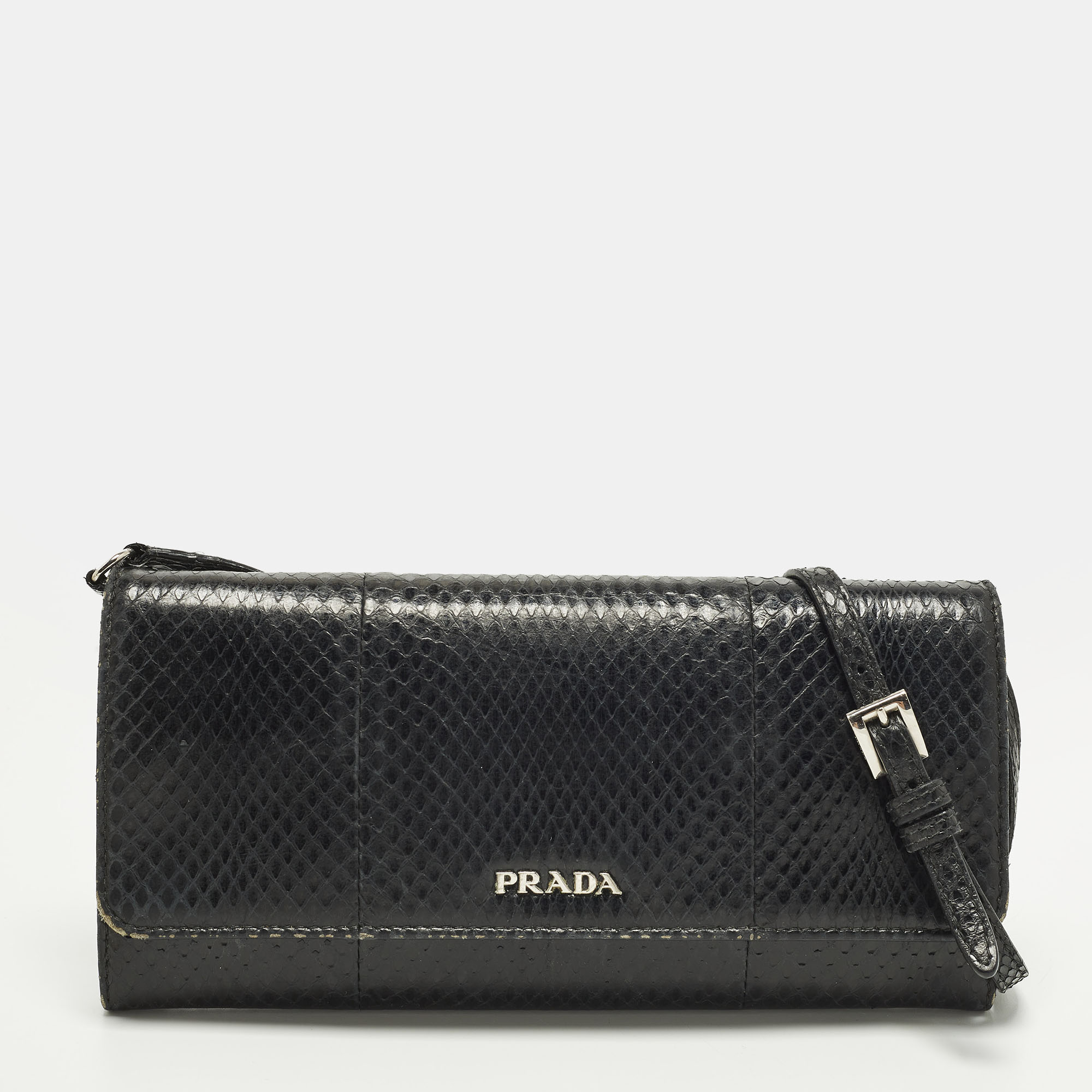 

Prada Black Snakeskin Leather Strap Clutch