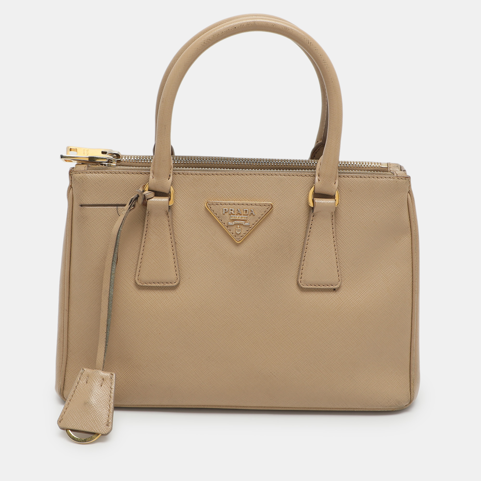 

Prada Galleria Double Zip Small Beige Saffiano Lux Leather Tote