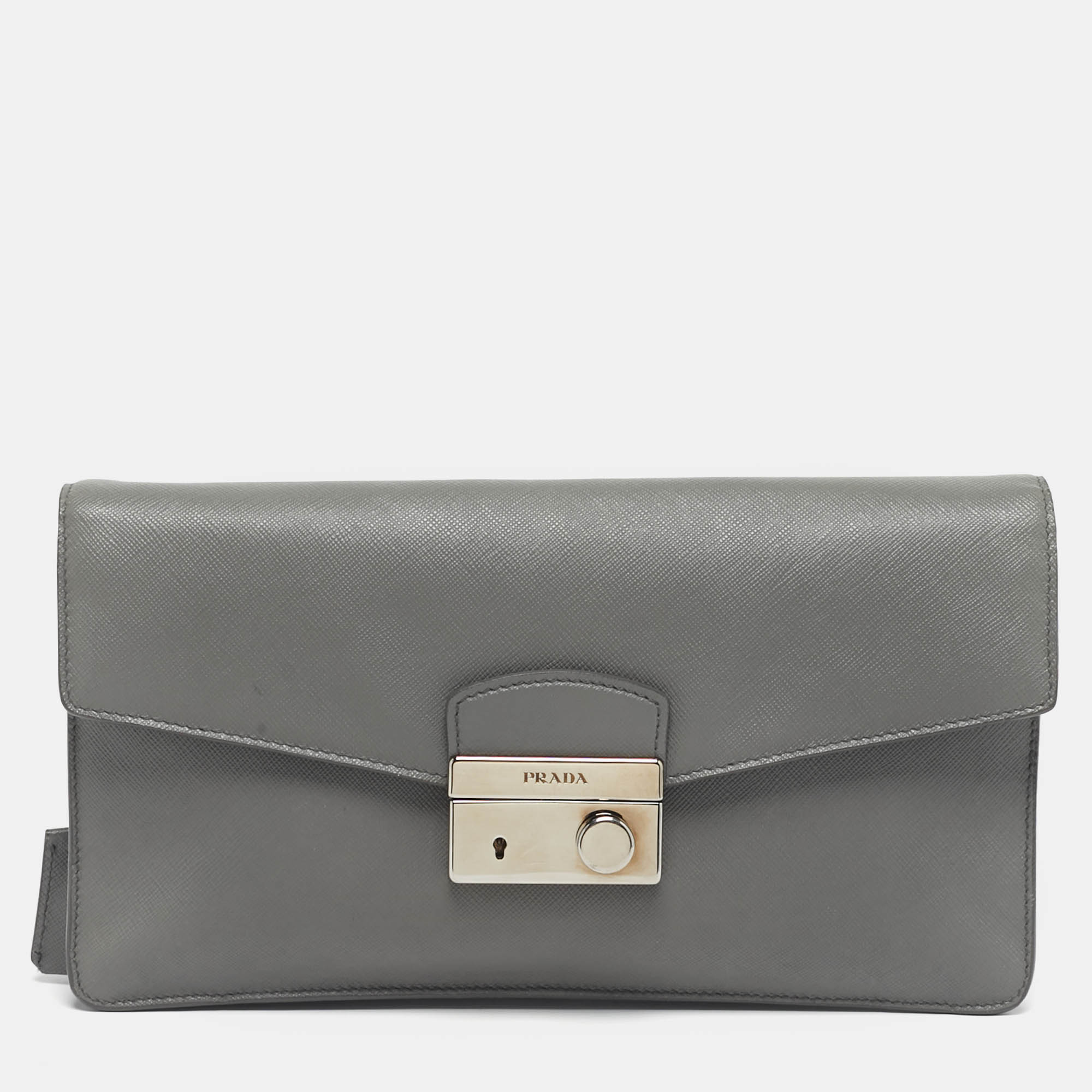 

Prada Sound Grey Saffiano Soft Leather Clutch