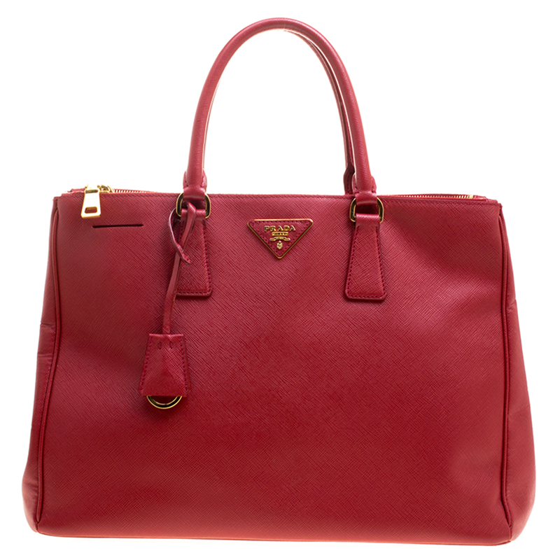 Pre Owned Prada Red Saffiano Lux Leather Large Double Zip Tote