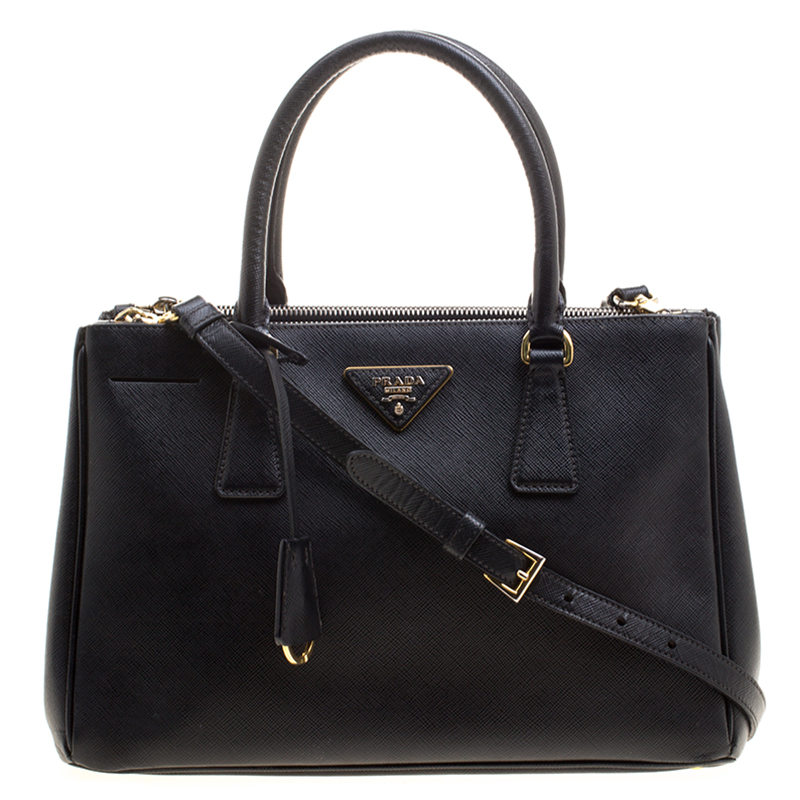 Pre Owned Prada Black Saffiano Lux Leather Small Double Zip Tote