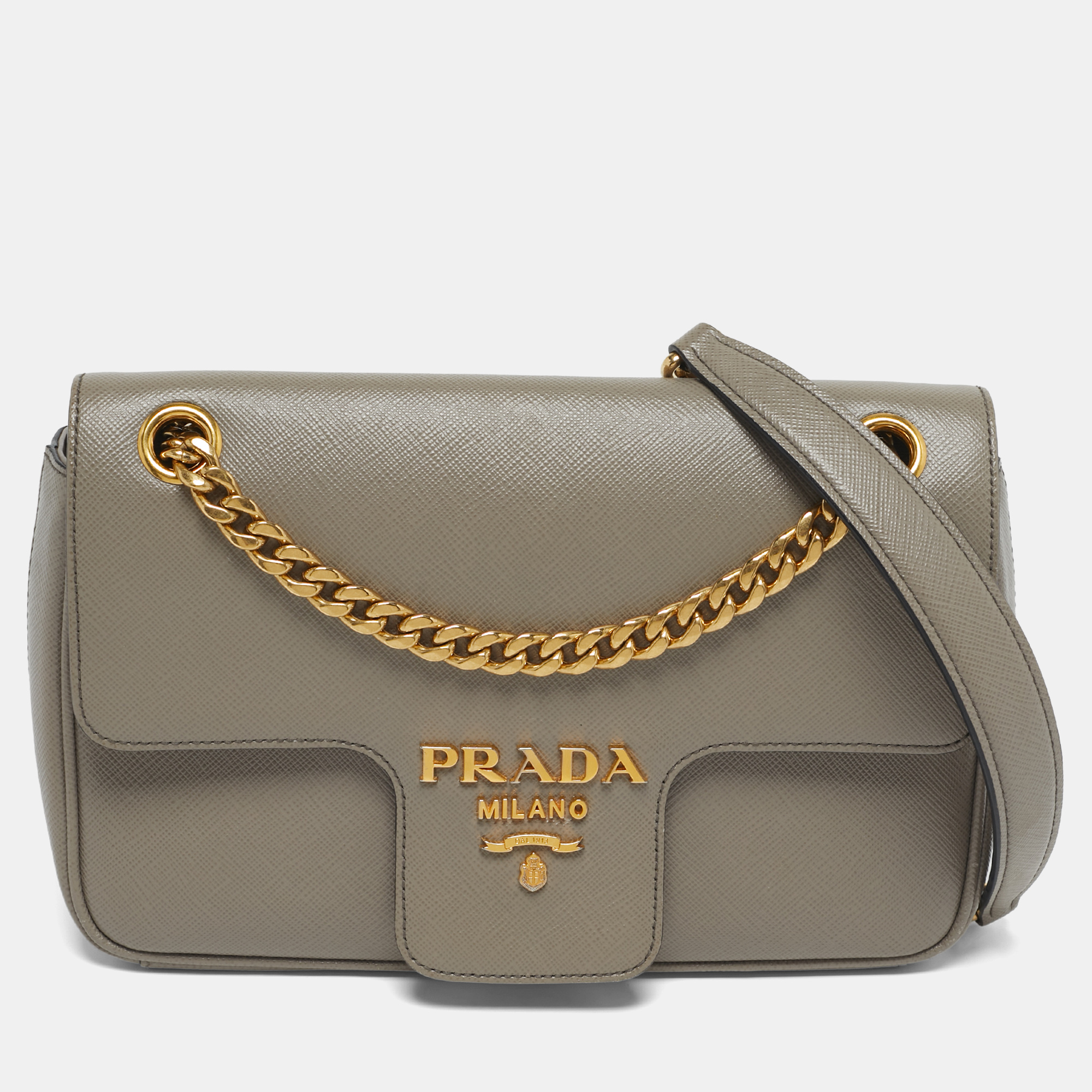 

Prada Pattina Grey Saffiano Leather Flap Chain Crossbody Bag