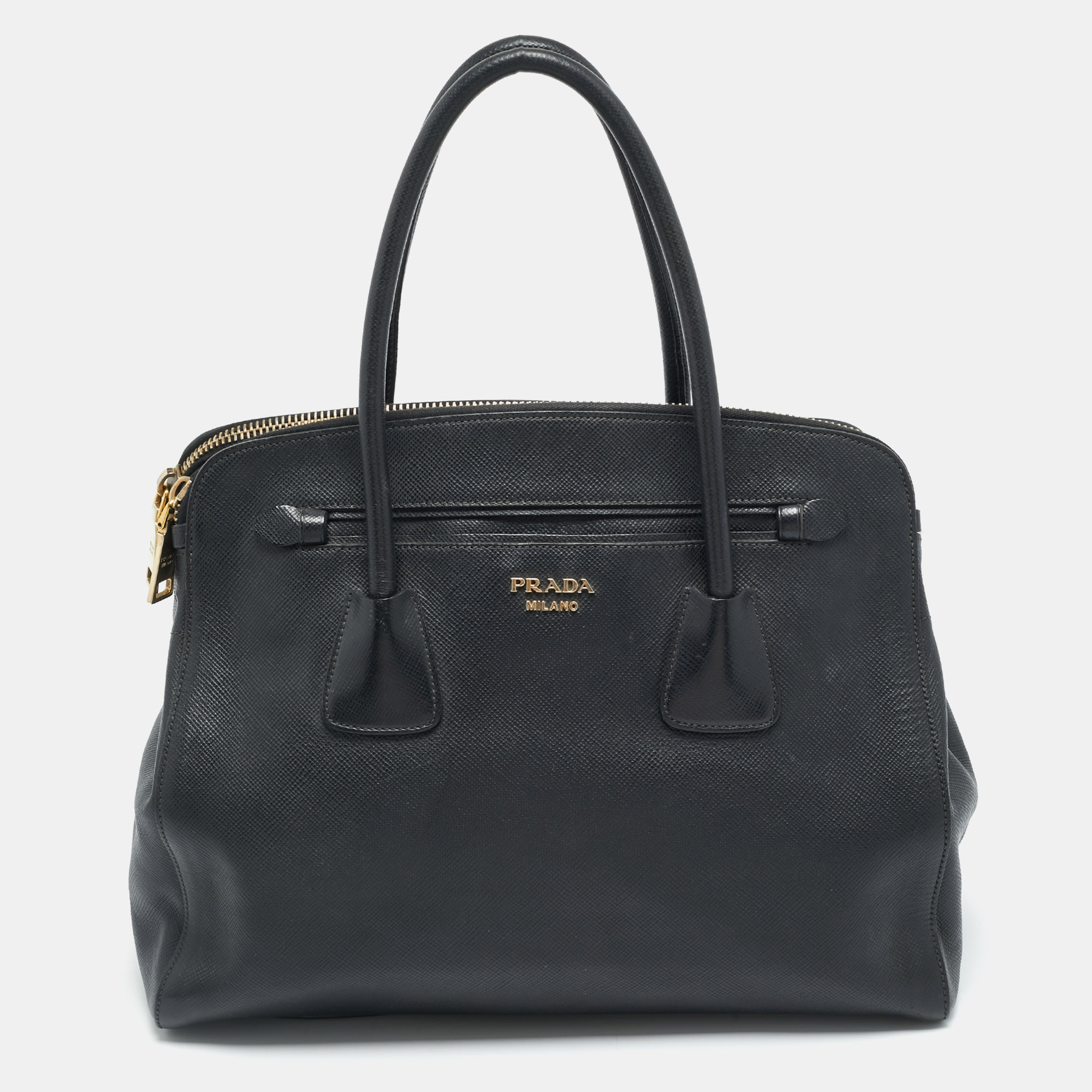 

Prada Double Zip Black Saffiano Cuir Leather Dome Bag