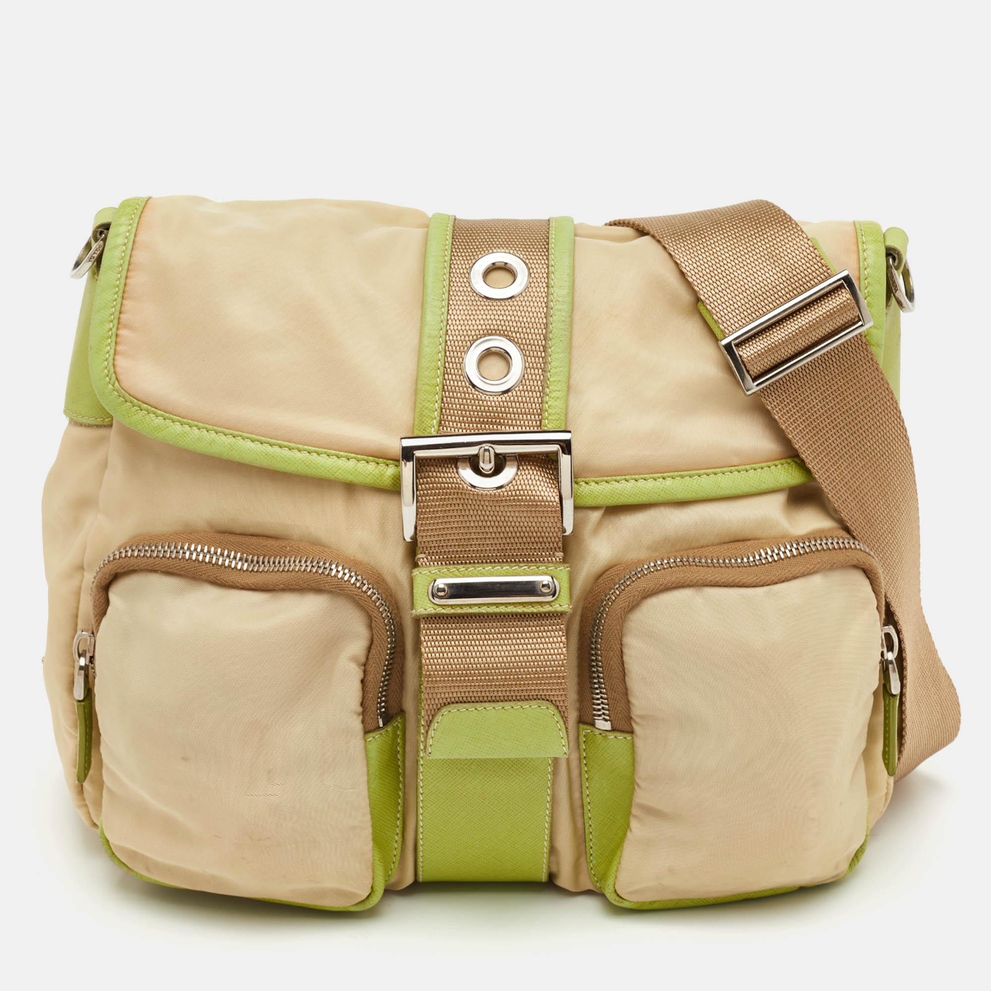 

Prada Vintage Tessuto Buckle Beige/Green Nylon and Leather Cargo Shoulder Bag