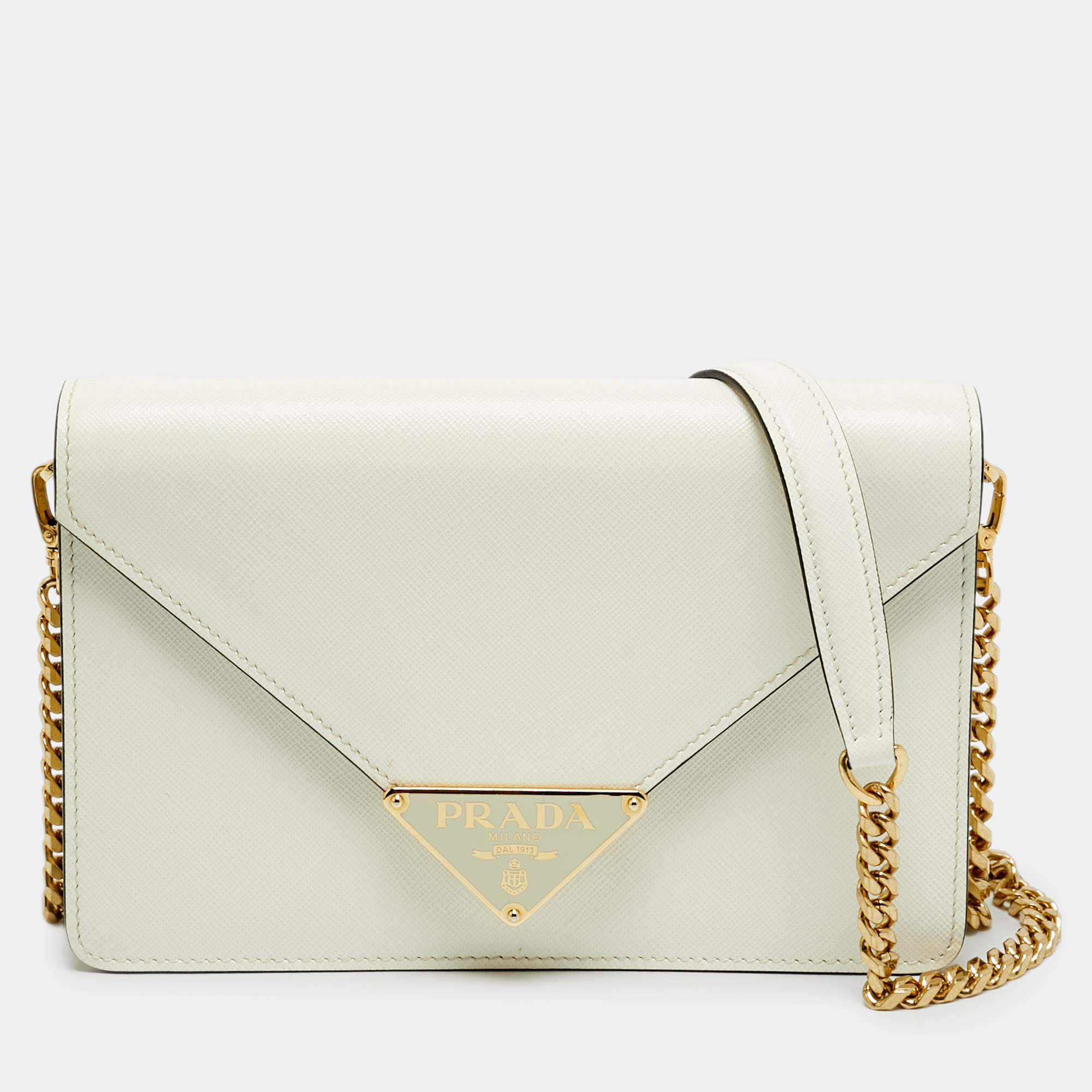 

Prada Triangle Logo White Saffiano Leather Shoulder Bag