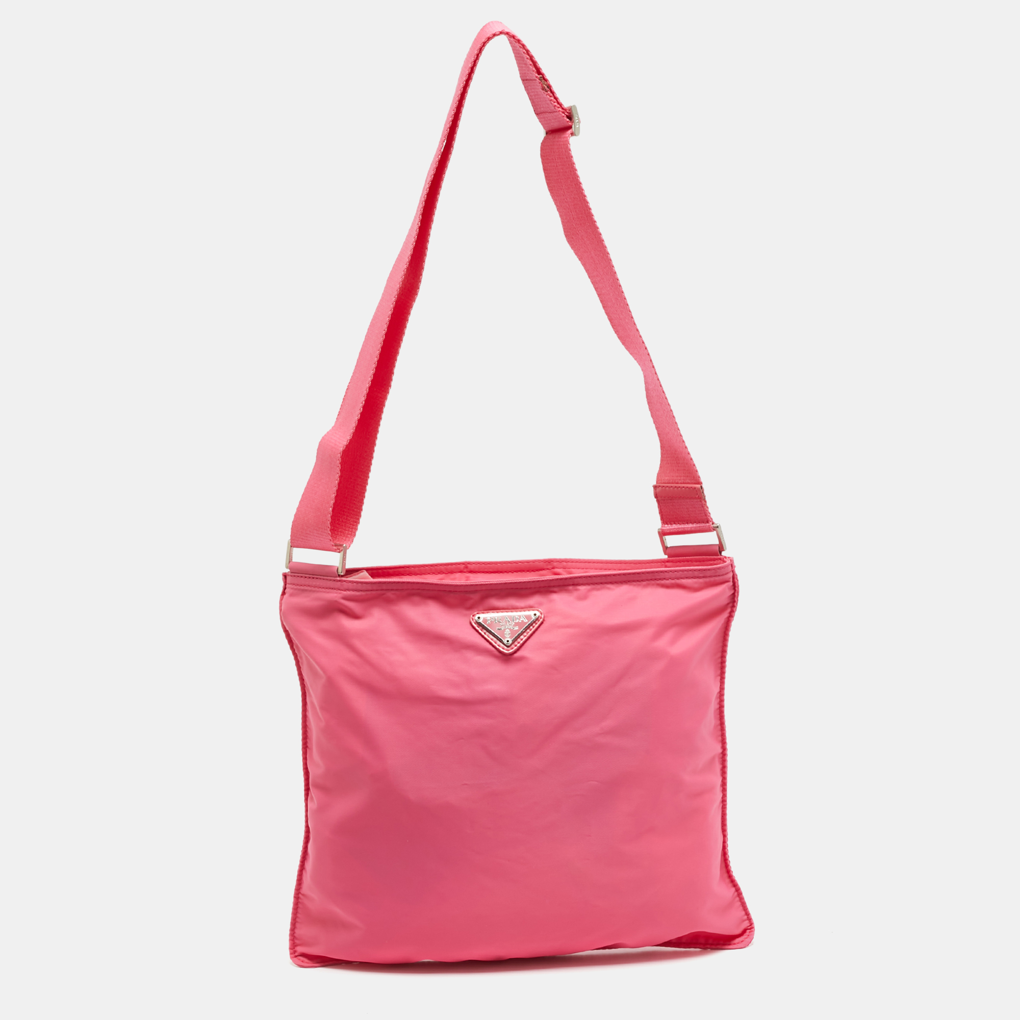 

Prada Tessuto Pink Nylon Triangle Logo Top Zip Crossbody Bag