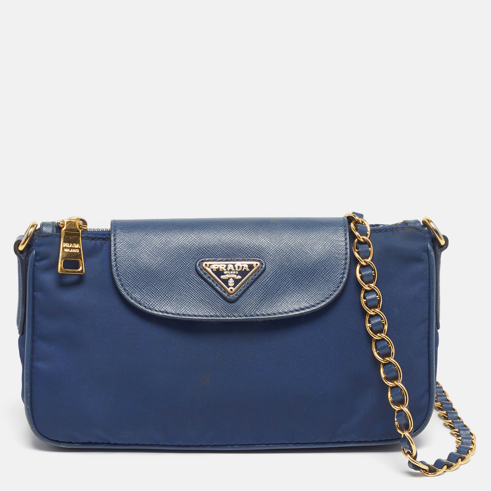 

Prada Triangle Logo Navy Blue Leather and Nylon Crossbody Bag