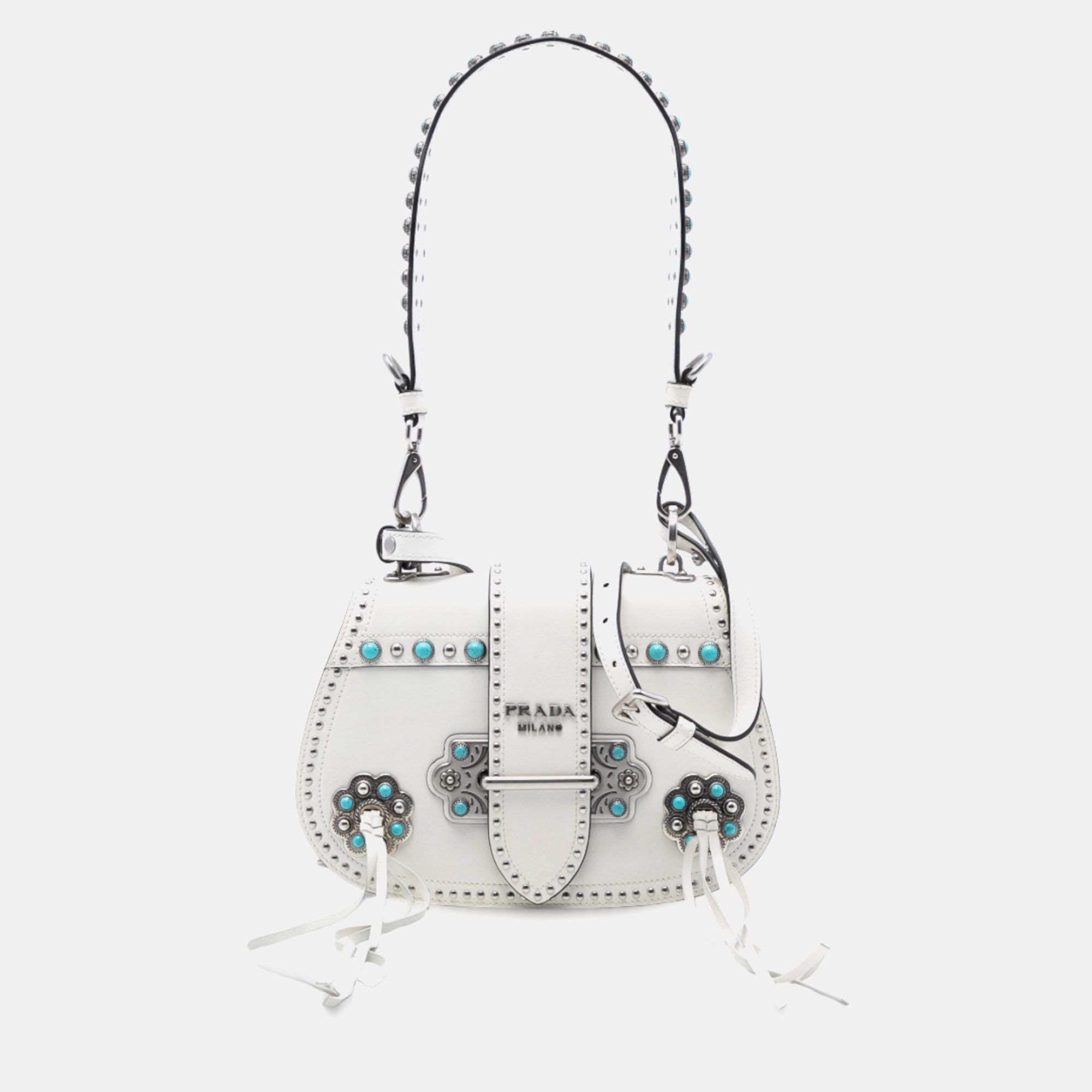 

Prada White City Calf Studded Folk Corsiere Satchel