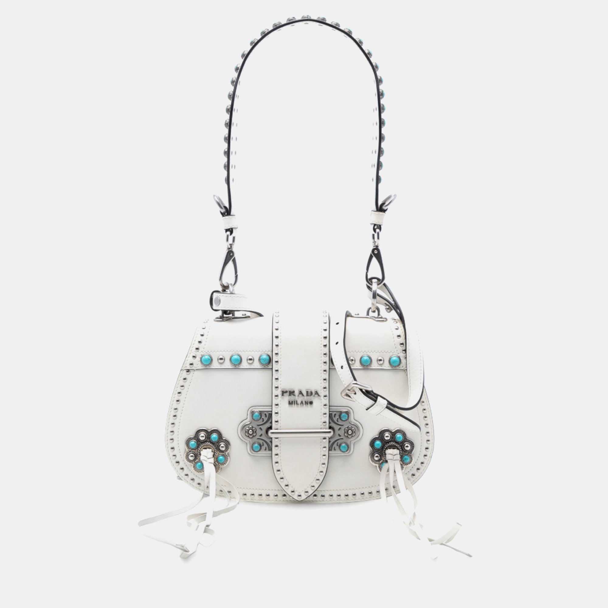 

Prada White City Calf Studded Folk Corsiere Satchel