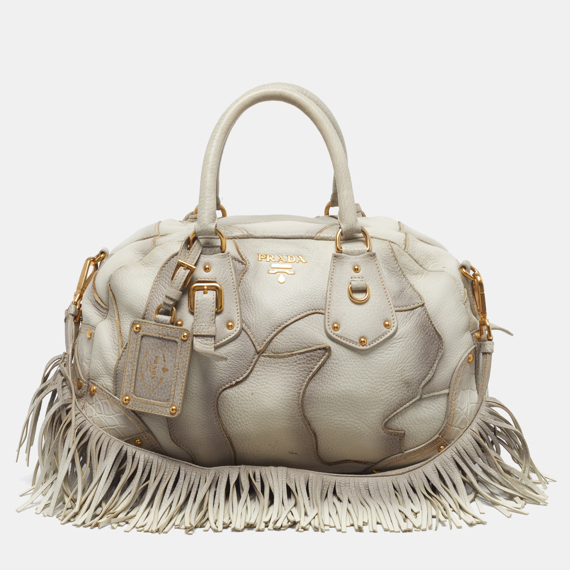 

Prada White Ombre Deerskin Leather Croc and Lizard Patchwork Bowler Bag