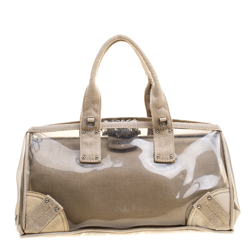 Pre Owned Prada Beige PVC and Canvas Plex Mistolino Frame Satchel