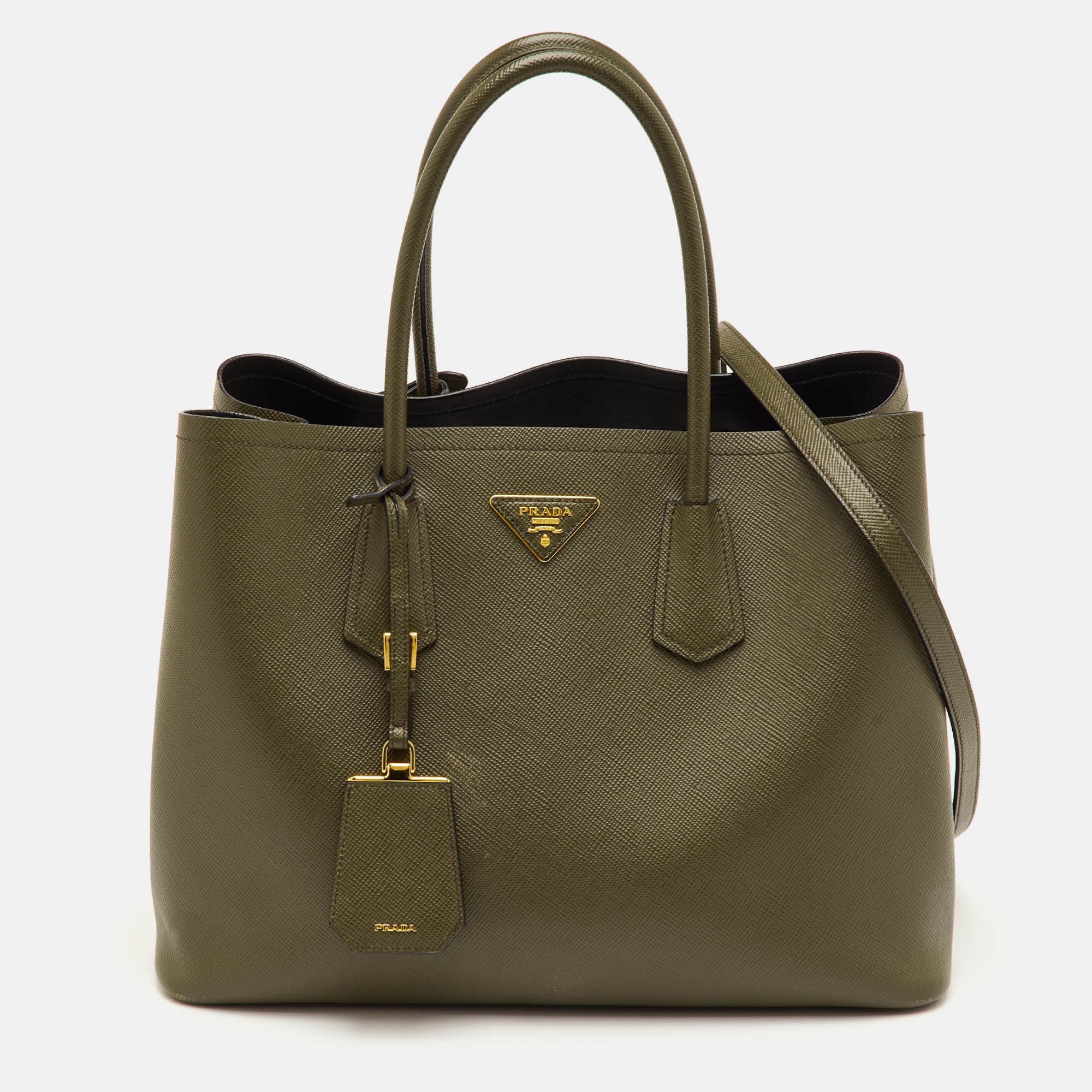 

Prada Double Handle Medium Green Saffiano Cuir Leather Tote