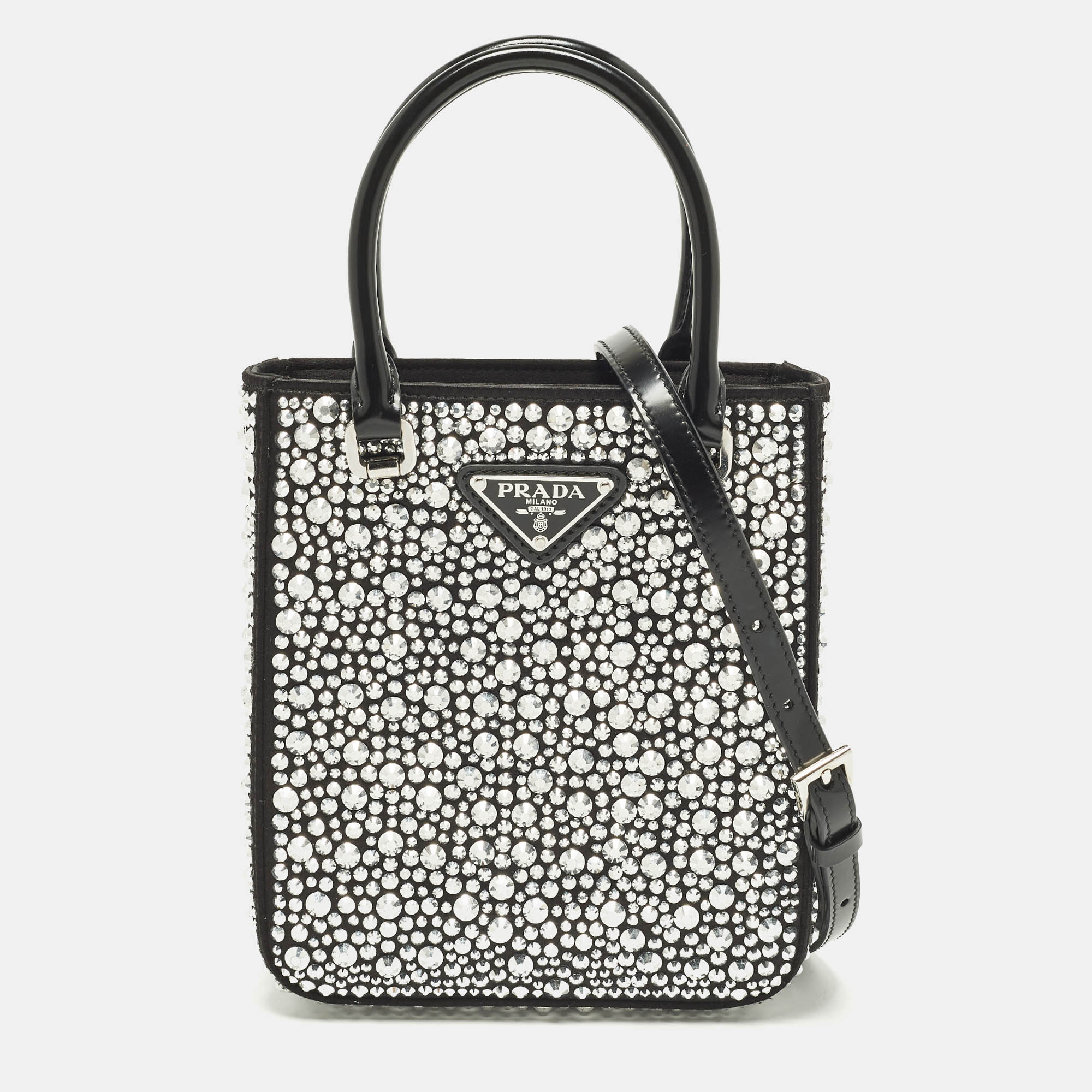 

Prada Metal Panier Small Black Satin Crystal Embellished Tote