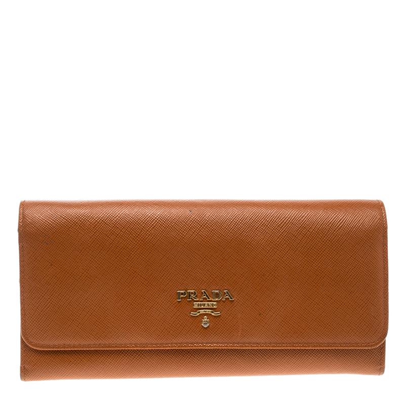 Prada Orange Saffiano Lux Leather Continental Wallet