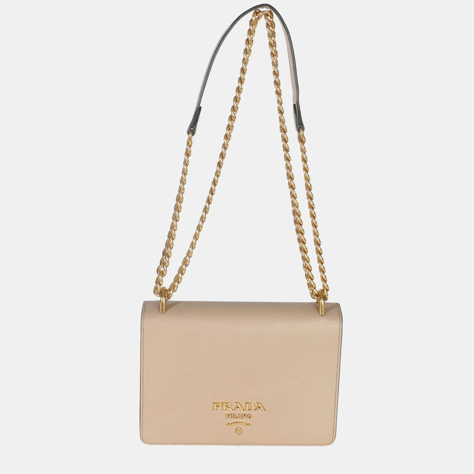 

Prada Lux Logo Chain Flap Small Cammeo Saffiano Leather Shoulder Bag, Beige