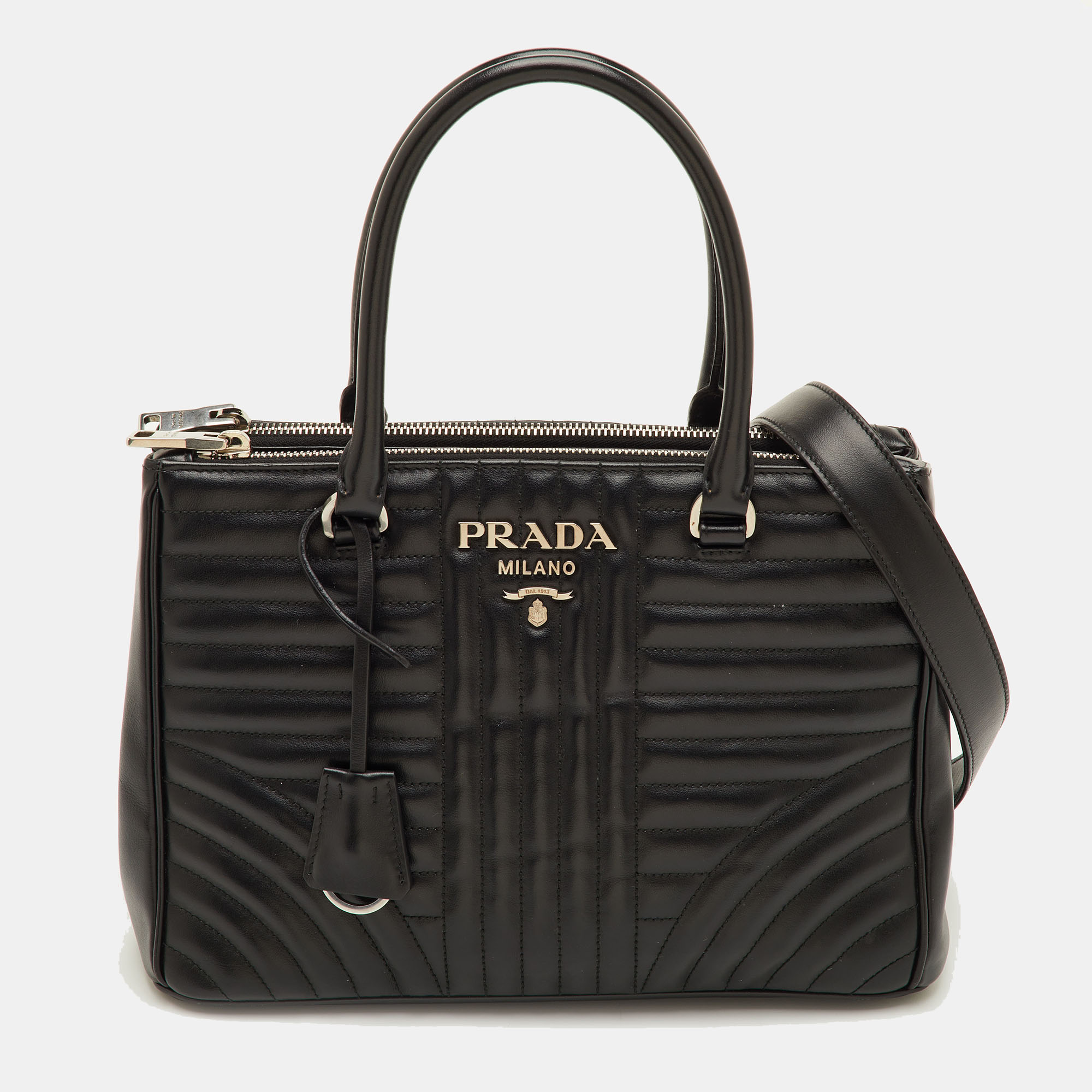 

Prada Double Zip Black Diagramme Quilted Leather Tote