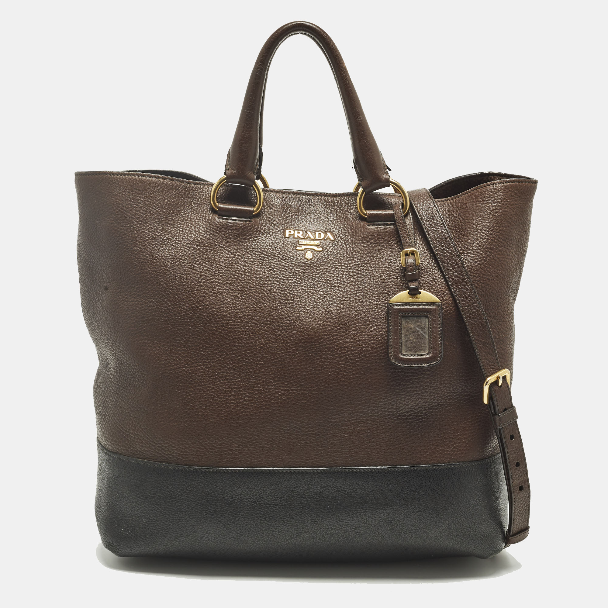 

Prada Brown/Black Vitello Daino Leather Shopper Tote