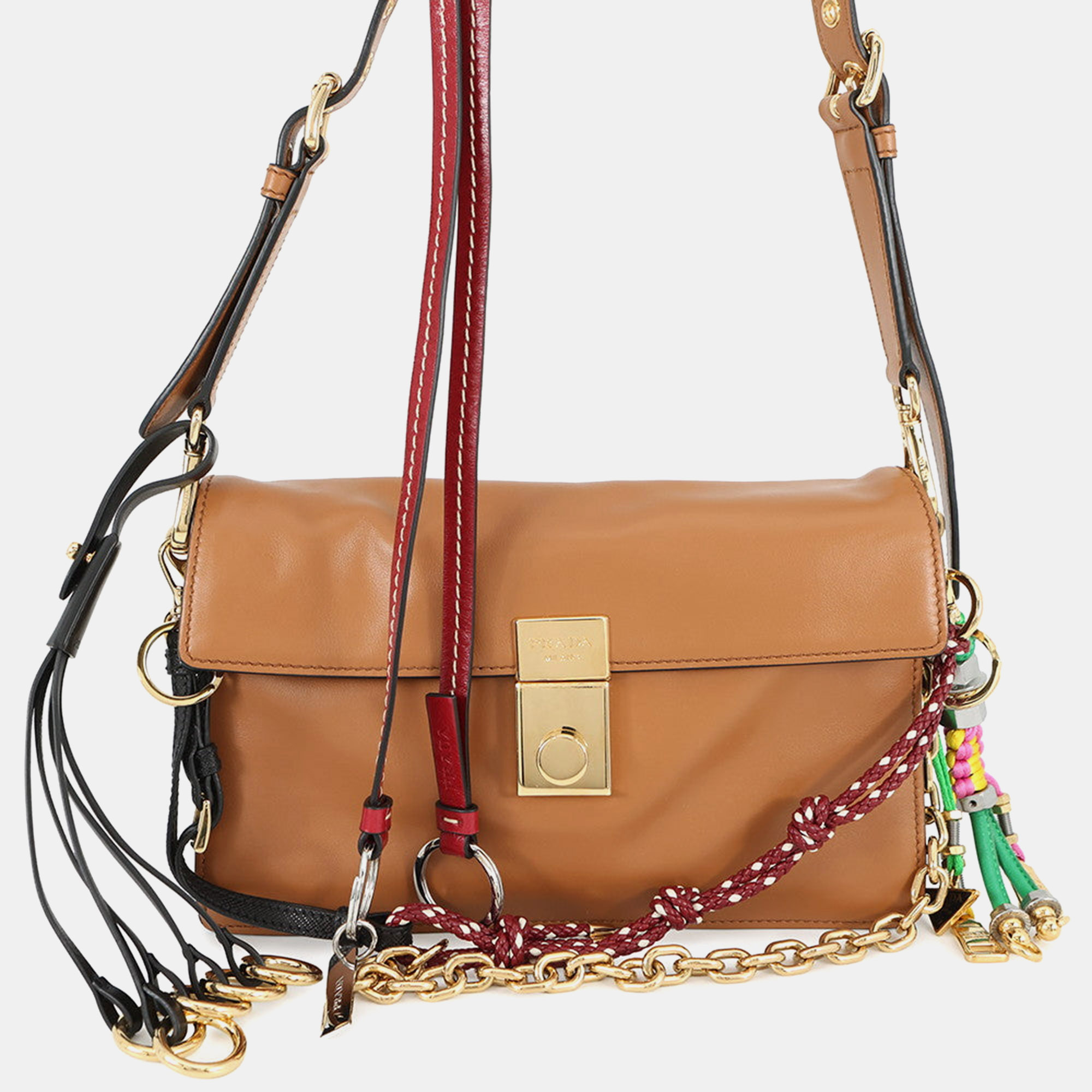 Pre-owned Prada 2024 Bag Charm Soft Sound Leather Shoulder Brown Leather Size Small