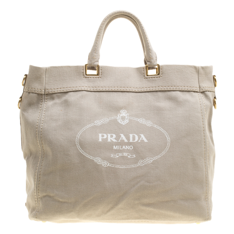 Pre Owned Prada Beige Denim Logo Tote 