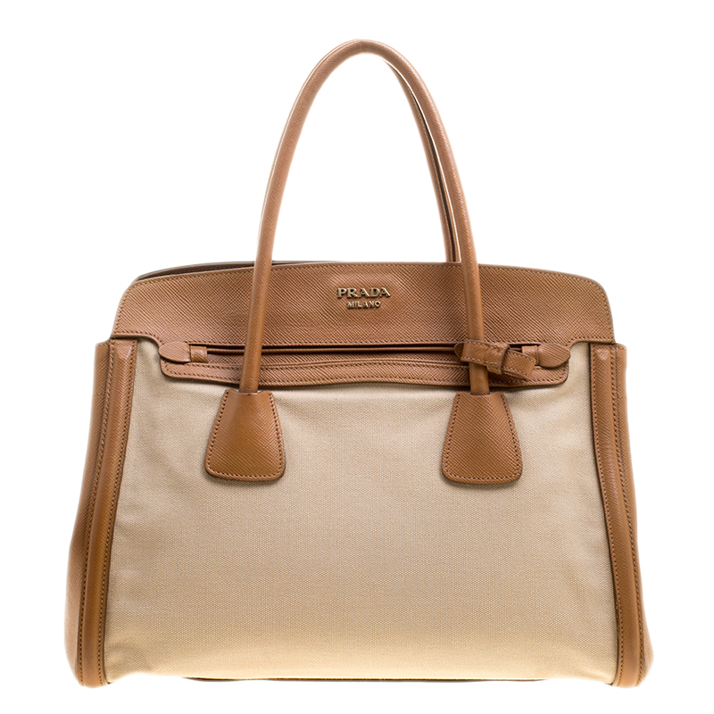 Pre Owned Prada Beige/Caramel Corda Canvas and Saffiano Lux Leather Tote