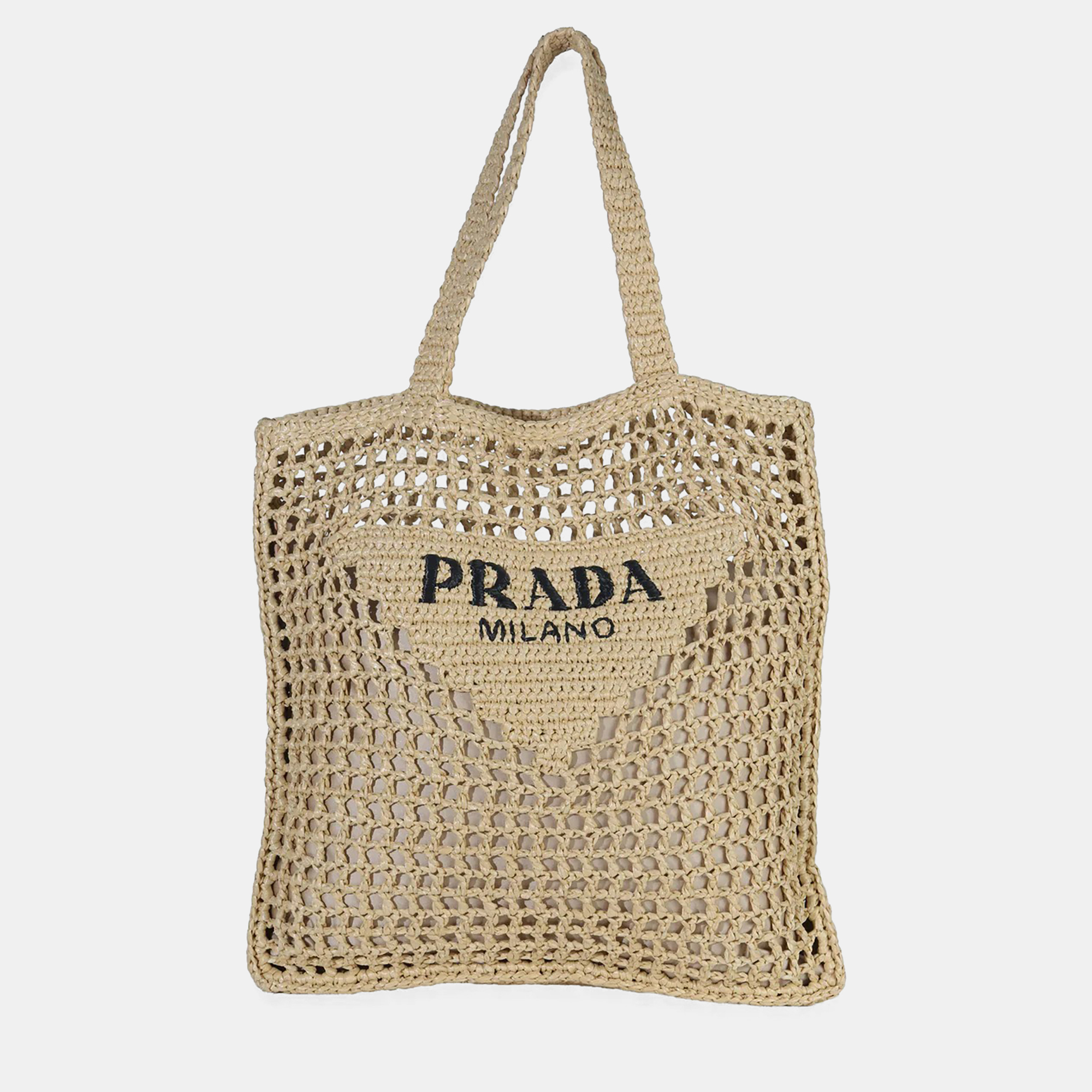 

Prada Natural Raffia Effect Logo Crochet Tote, Beige
