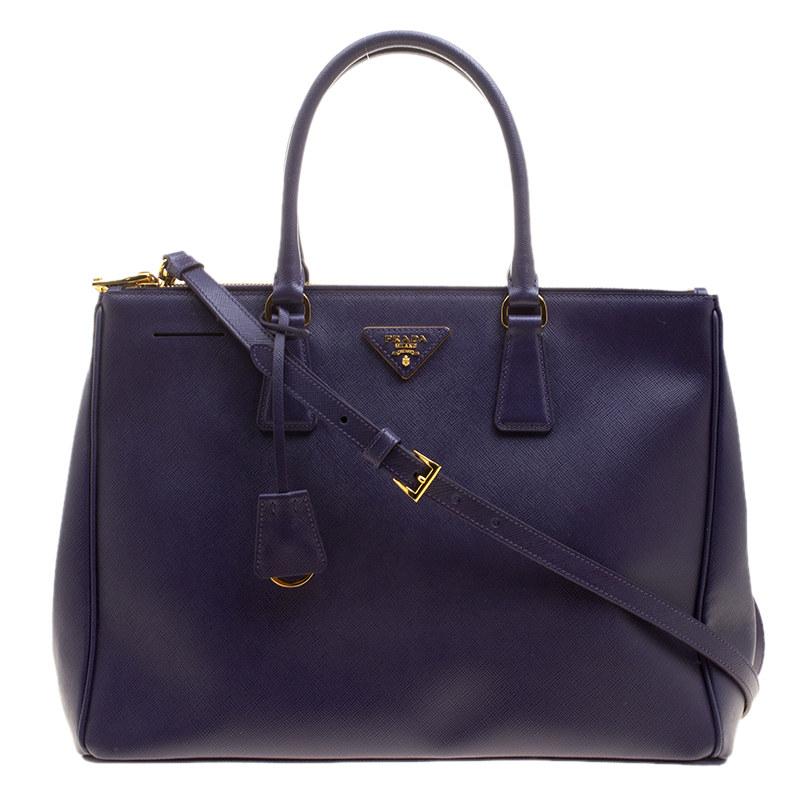 Pre Owned Prada Purple Saffiano Lux Leather Large Double Zip Tote
