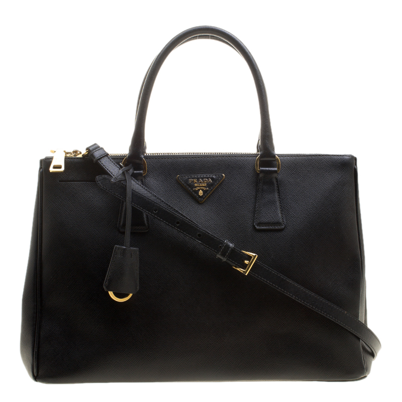 Pre Owned Prada Black Saffiano Lux Leather Medium Double Zip Tote