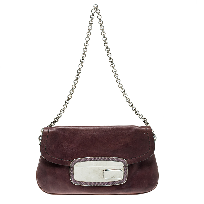 Pre Owned Prada Purple Leather Chain Shoulder Bag
