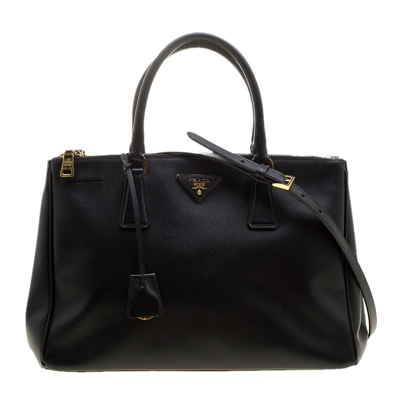 Pre Owned Prada Black Saffiano Lux Leather Medium Double Zip Tote