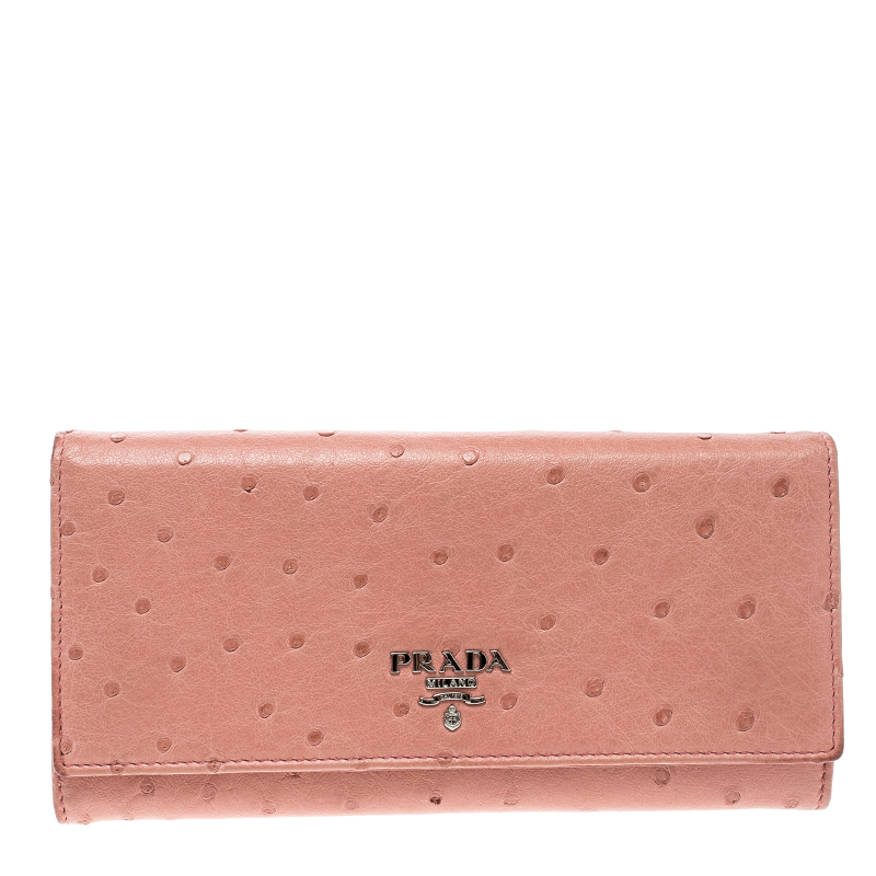 Pre Owned Prada Peach Ostrich Continental Wallet with Card Holder