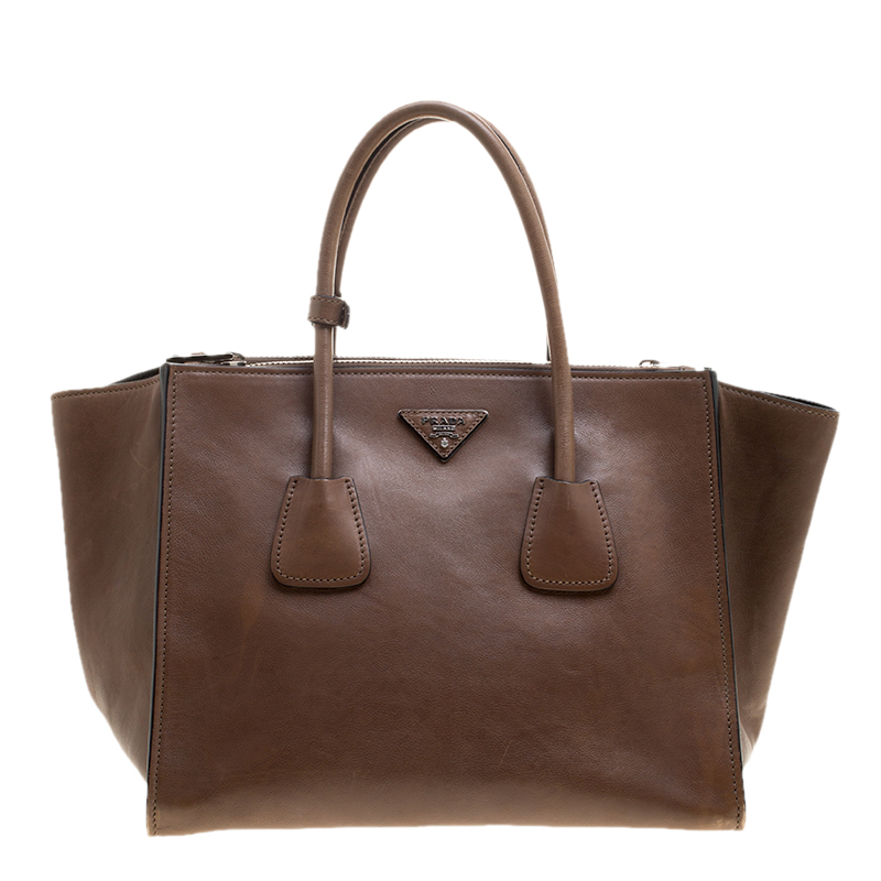 Pre Owned Prada Brown Leather Twin Pocket Double Handle Tote