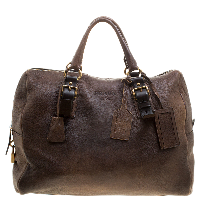 Pre Owned Prada Antique Brown Cervo Deerskin Leather Tote