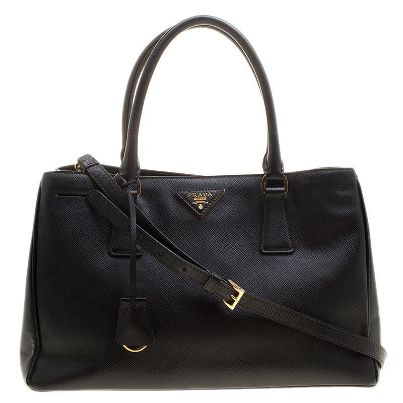Pre Owned Prada Black Saffiano Lux Leather Medium Double Zip Tote