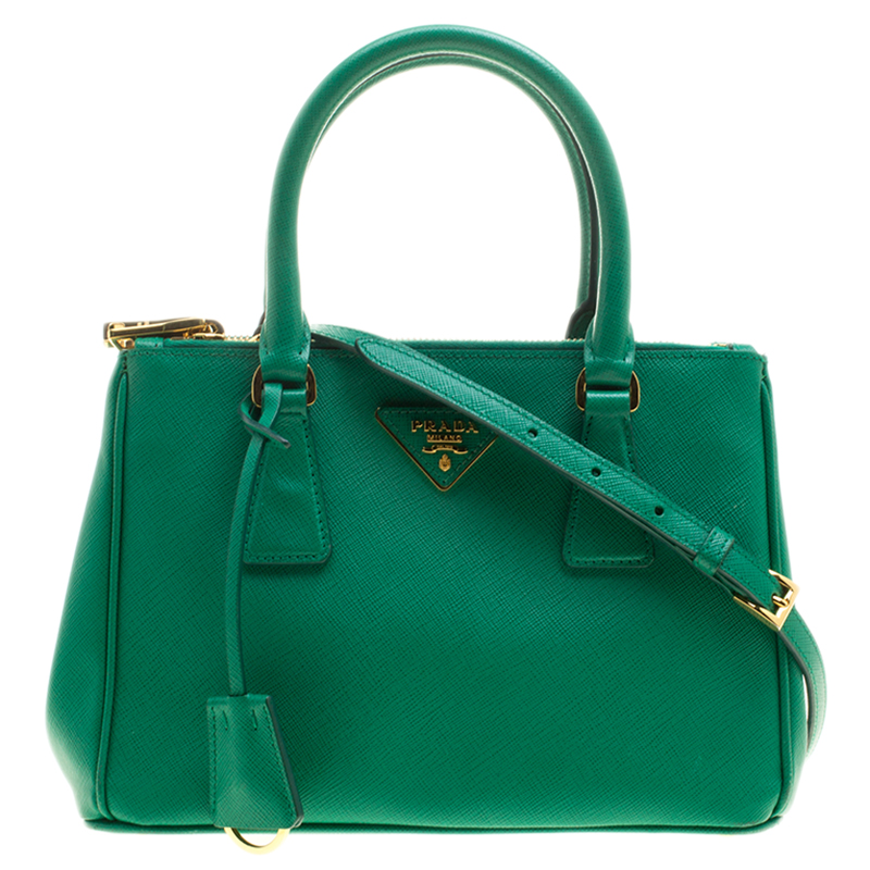 Pre Owned Prada Green Saffiano Lux Leather Mini Double Zip Tote
