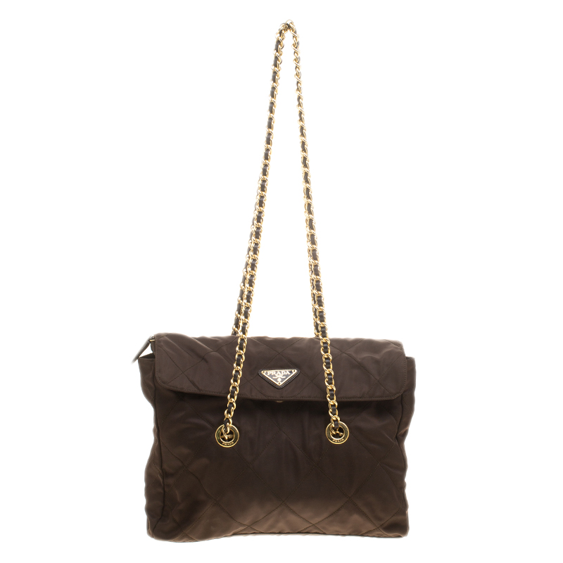 Pre Owned Prada Dark Olive Green Nylon Shoulder Bag