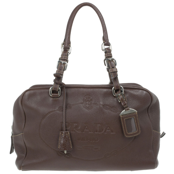 Pre Owned Prada Maroon Deerskin Logo Top Handle Bag